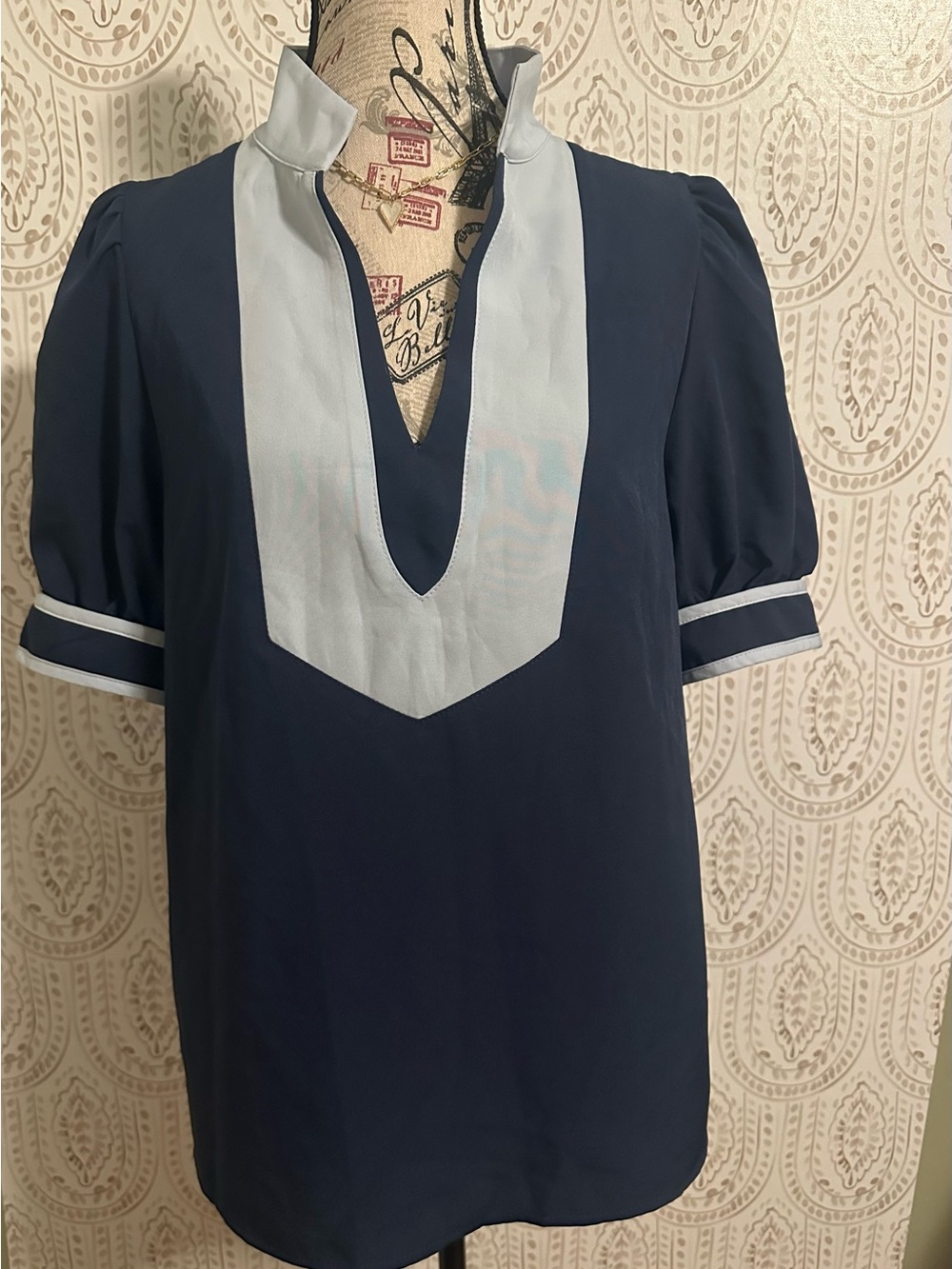 Classic Navy and Light Blue V-Neck Womens Top